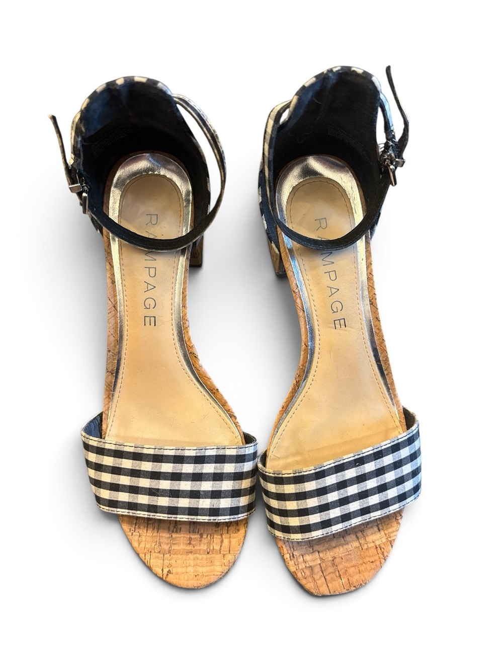 Rampage Black Gingham Cork Block 1 3/4”Heel Sandals with Ankle Strap 7M